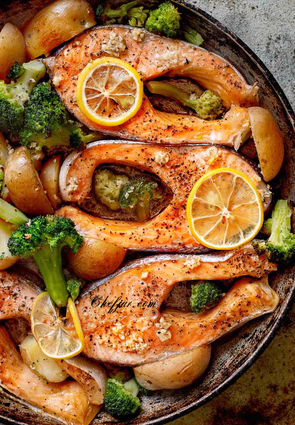 baked salmon with potatoes and vegetables
