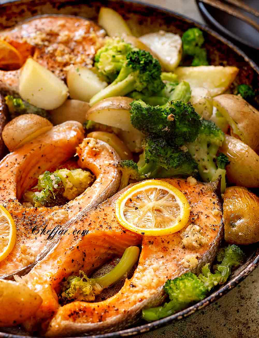 baked salmon with potatoes and vegetables