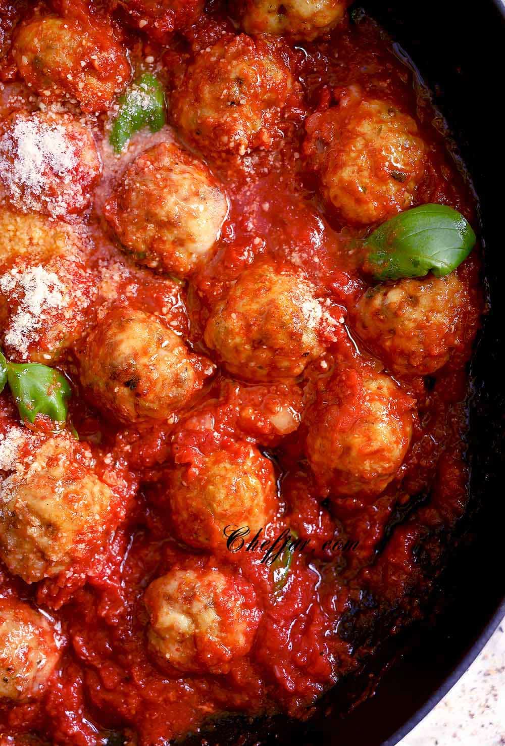 Bobby Flay Meatballs in a skillet.