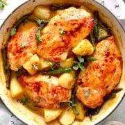on pan honey mustard chicken, potatoes, green beans