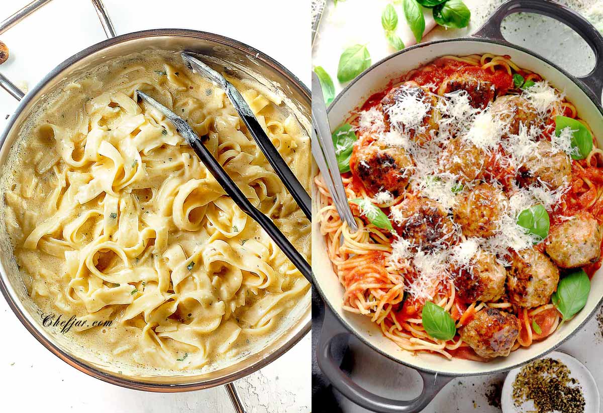 Olive Garden Fettuccine Alfredo and Spaghetti and Meatballs