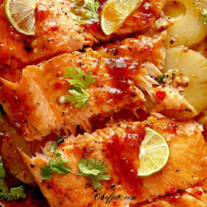 Thai inspired baked pineapple salmon on a tray.