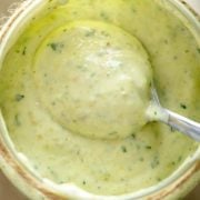 overhead shot/ teaspoon dipped into pesto mayo / Pesto Mayonnaise