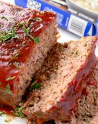 Lipton onion soup meatloaf sliced and ready to serve.