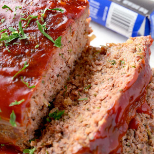 Lipton onion soup meatloaf sliced and ready to serve.