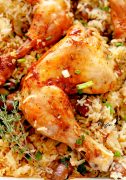 Close up of oven baked chicken and rice