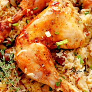 Close up of oven baked chicken and rice