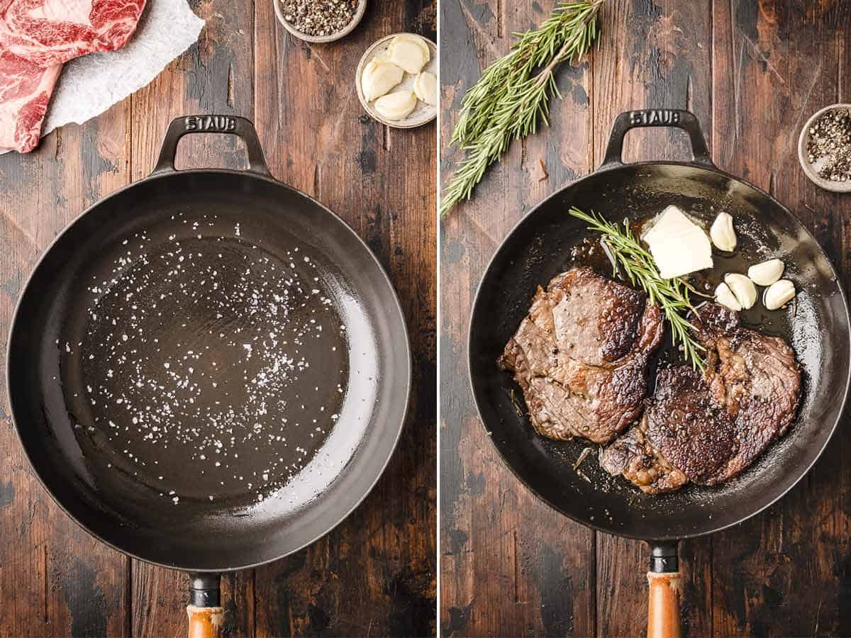 A collage shows how to pan sear wagyu ribeye steaks.