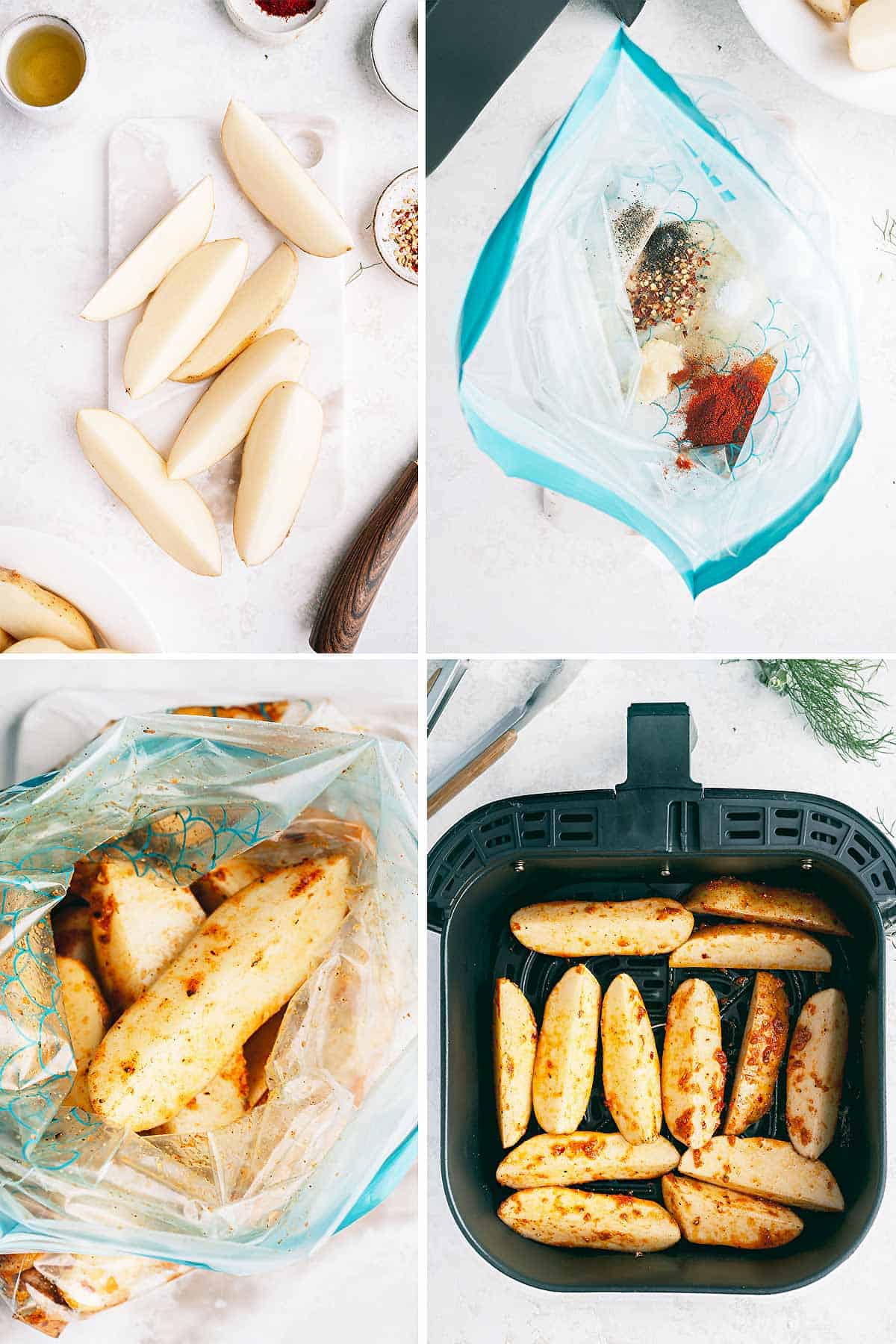 a collage shows step by step instructions for air fryer potato wedges.