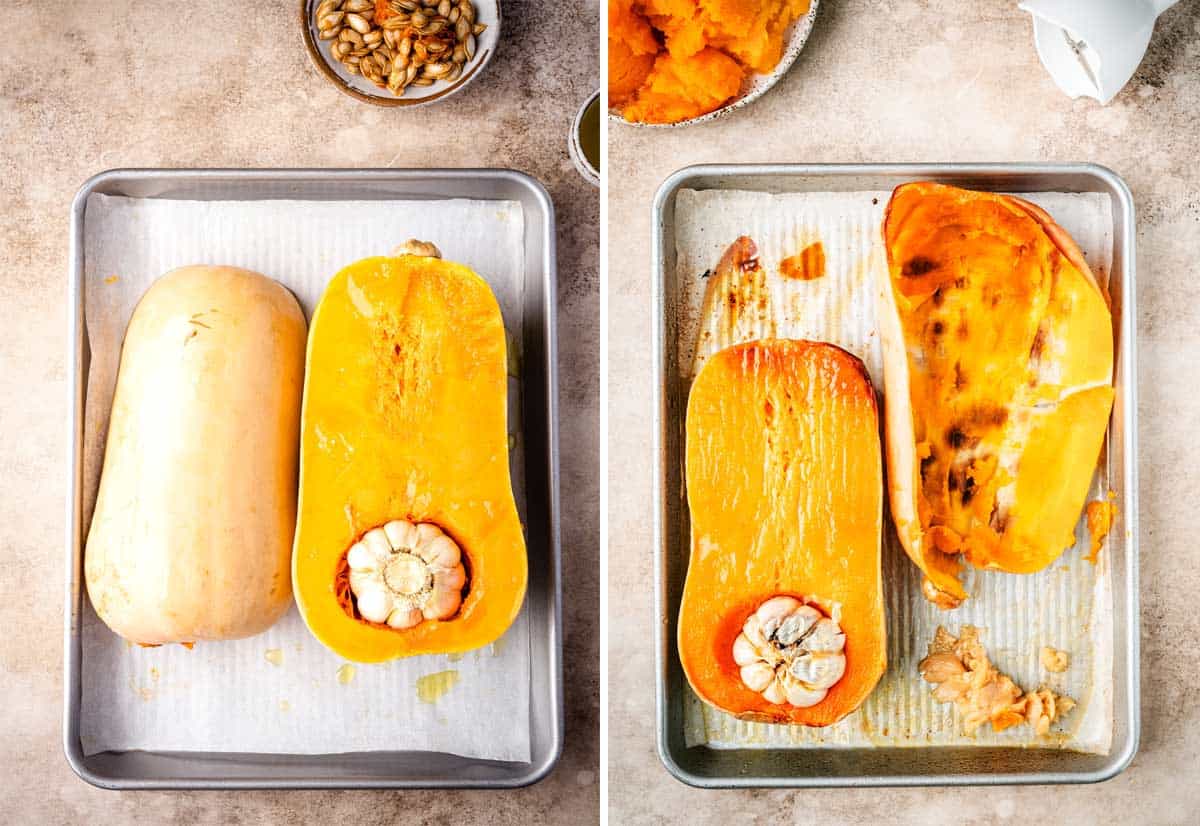 A collage shows how to roast butternut squash and garlic.