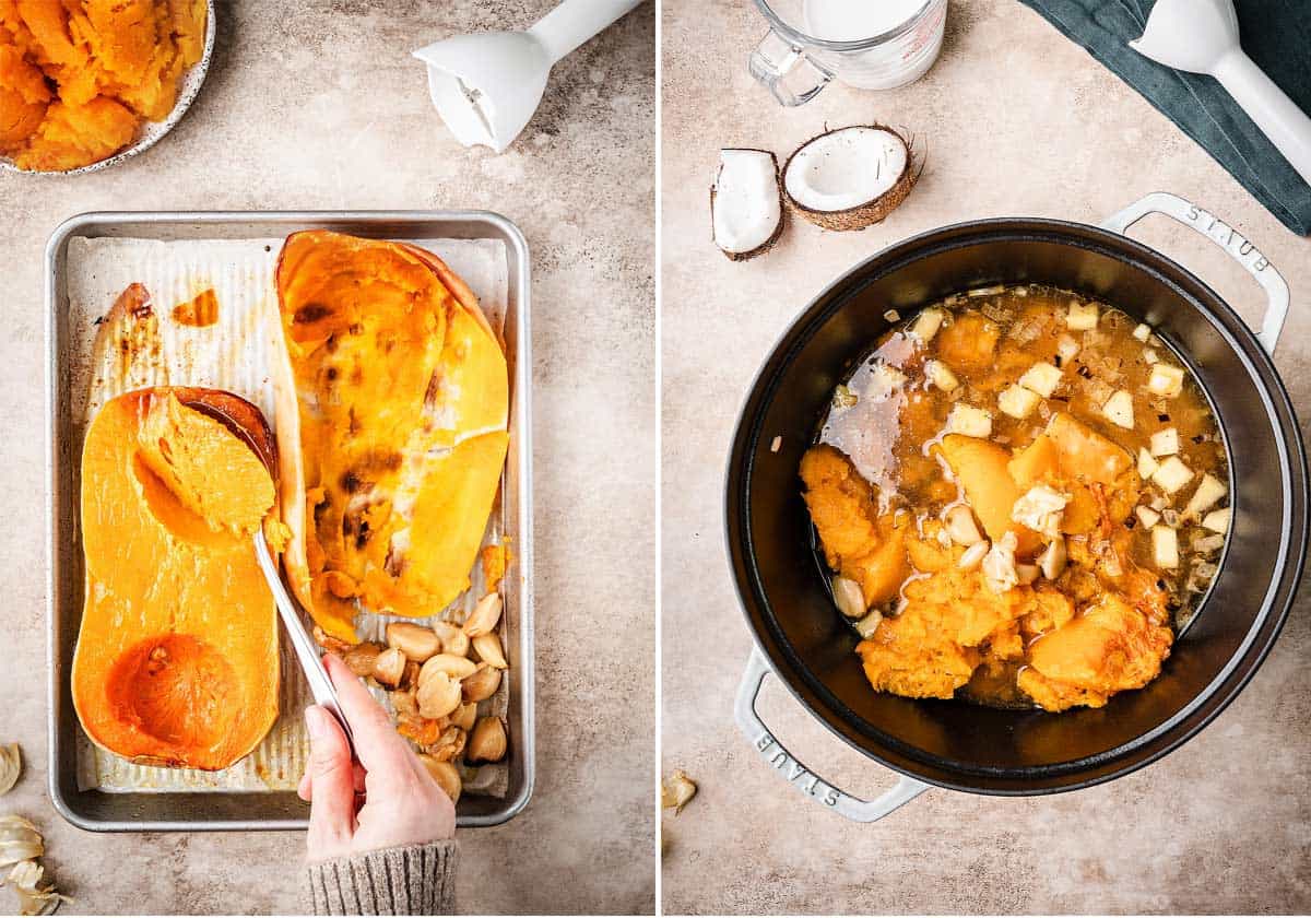 A collage shows how to make roasted butternut squash soup.