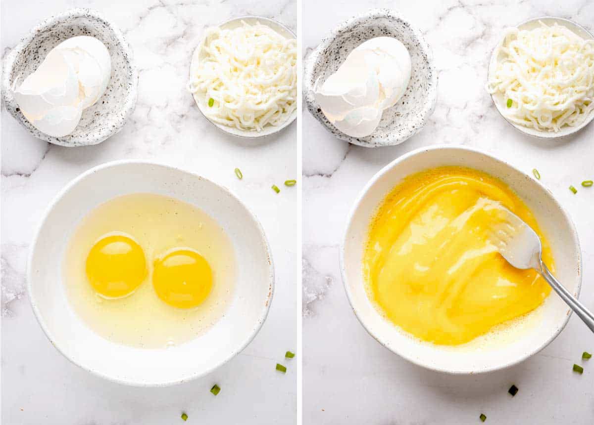 A collage shows step by step instructions to make fluffy scrambled eggs.
