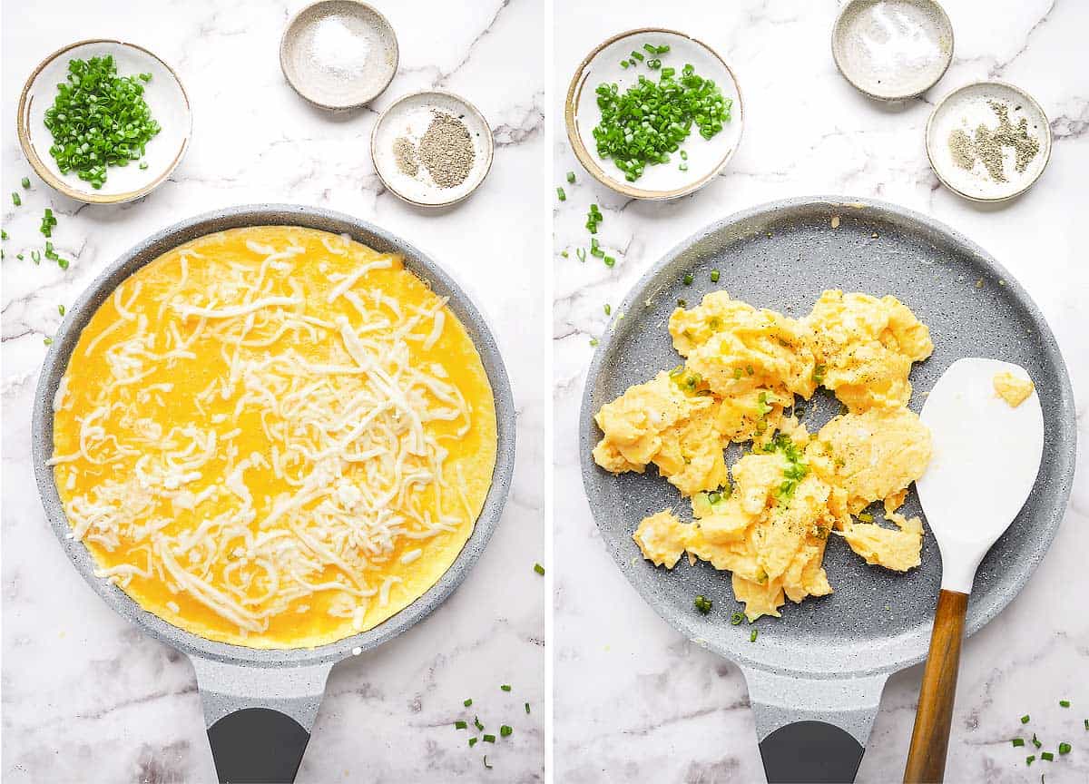 A collage shows step by step instructions to make fluffy scrambled eggs with mozzarella cheese.