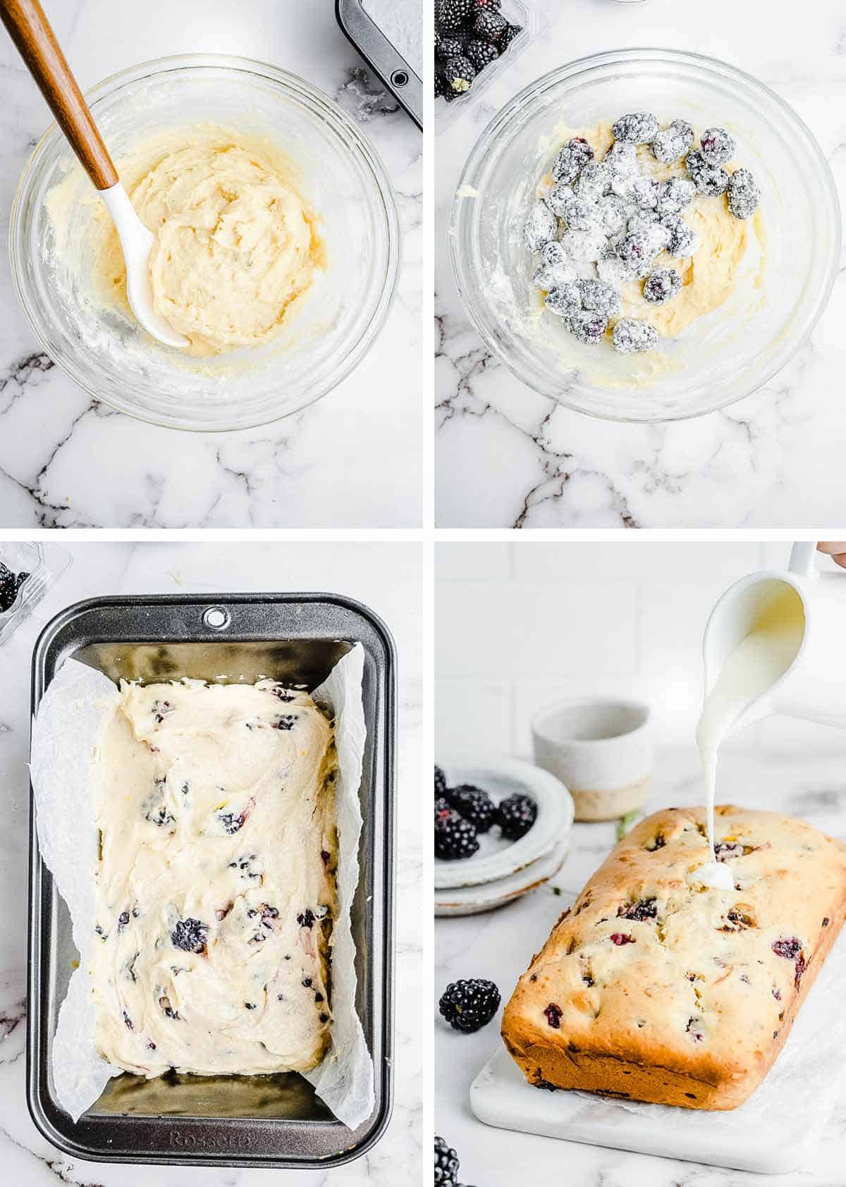 a collage shows how to make lemon blackberry bread from scratch.