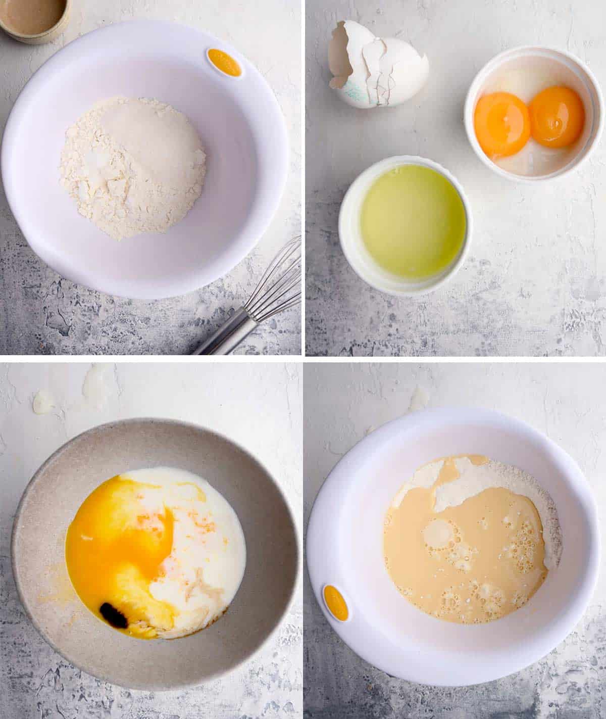 A collage shows how to make batter for pancakes without baking powder.