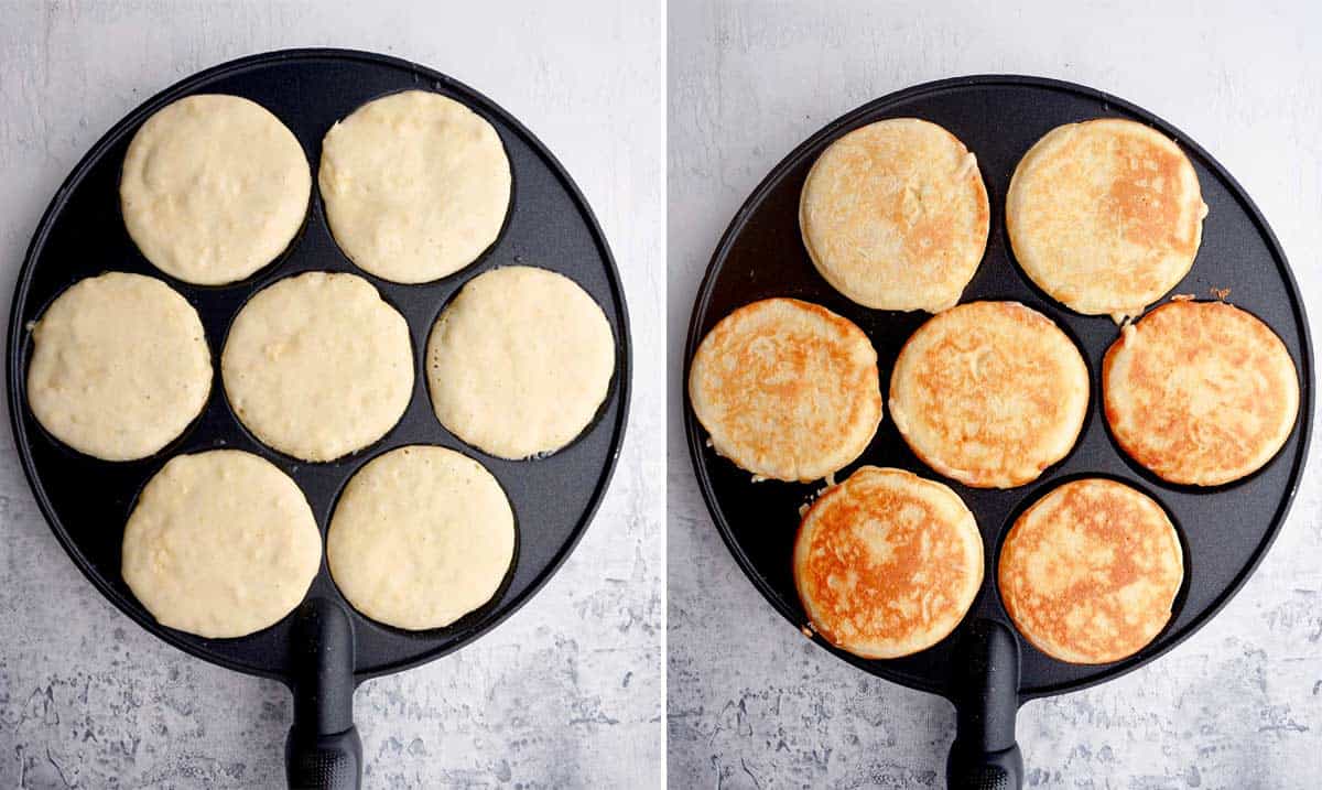 A collage shows how to cook pancakes.