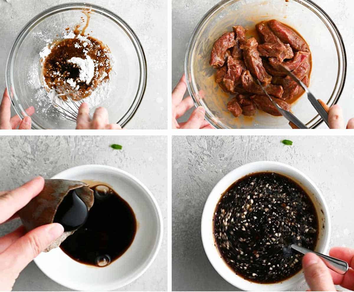 a collage shows how to make Panda Express Shanghai Angus Steak