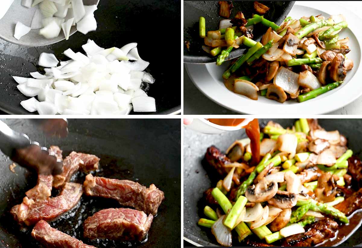 a collage shows how to make Panda Express Shanghai Angus Steak with onions, mushrooms and asparagus.