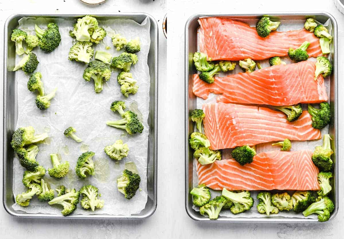 a collage shows how to make sheet pan salmon and broccoli. 