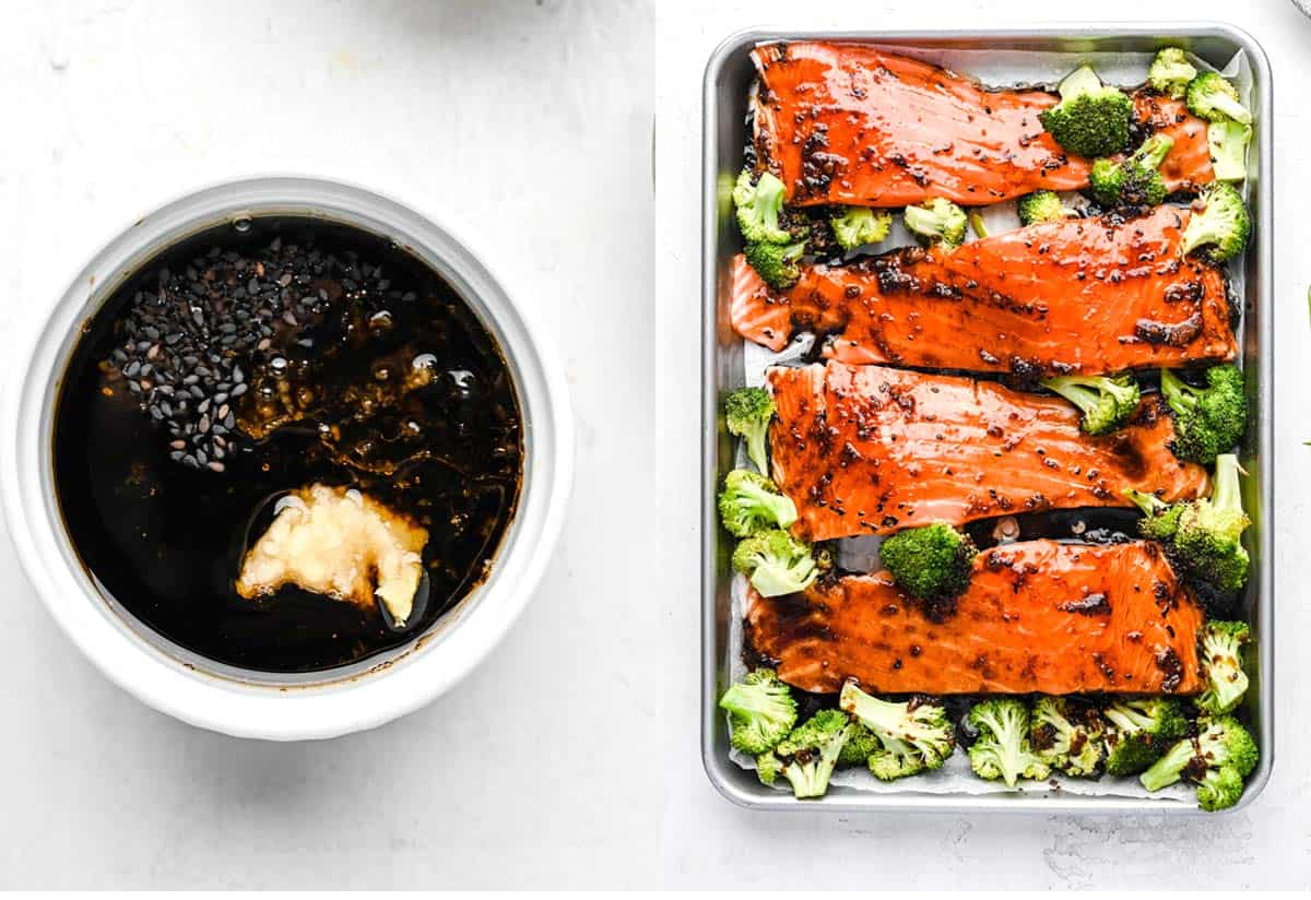 a collage shows how to make soy sauce for sheet pan salmon and broccoli.