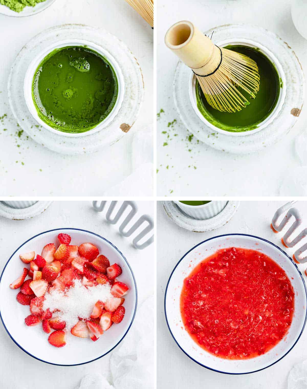 A collage shows how to make strawberry matcha latte.