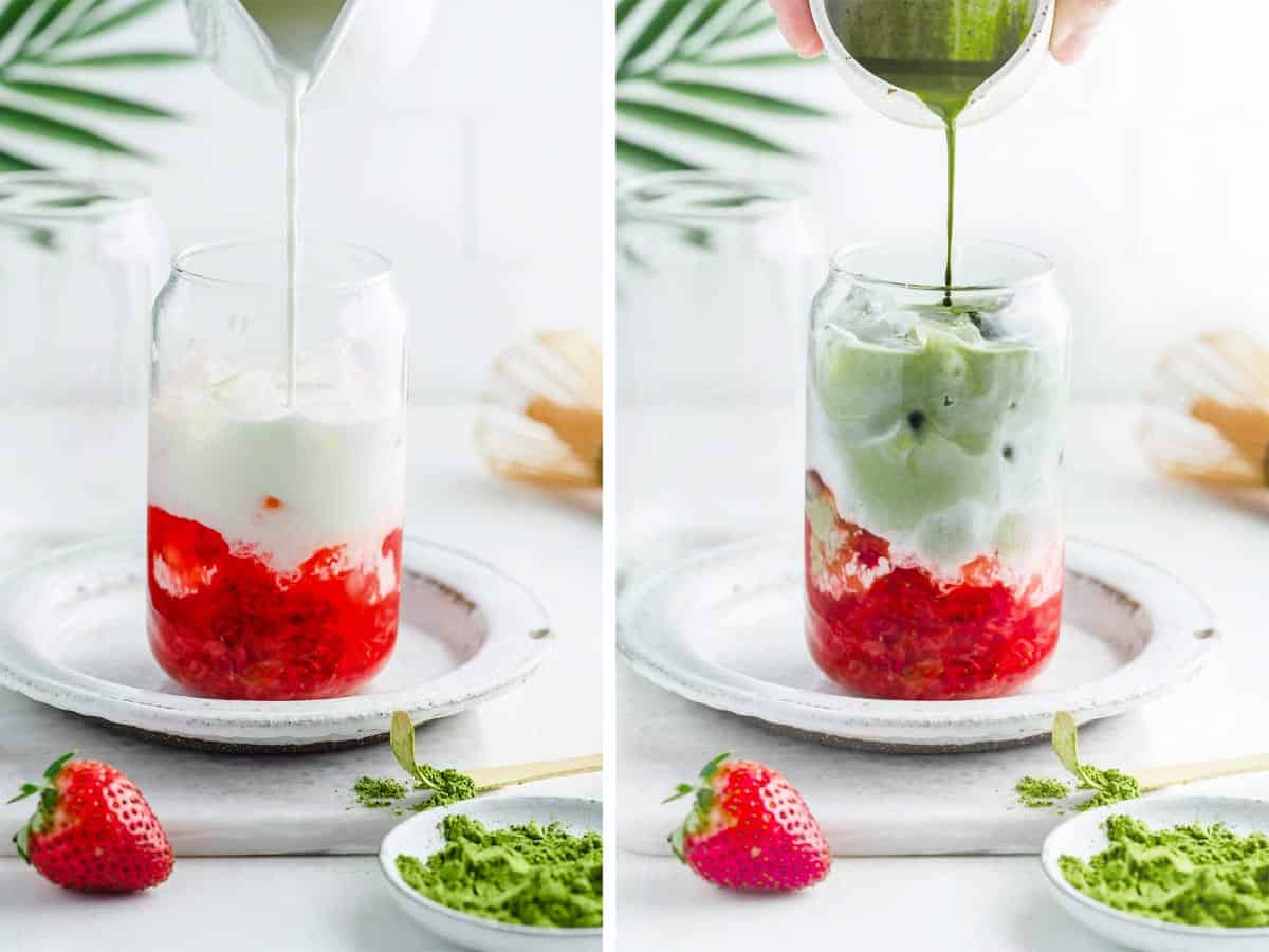 a collage shows how to assemble strawberry matcha latte.