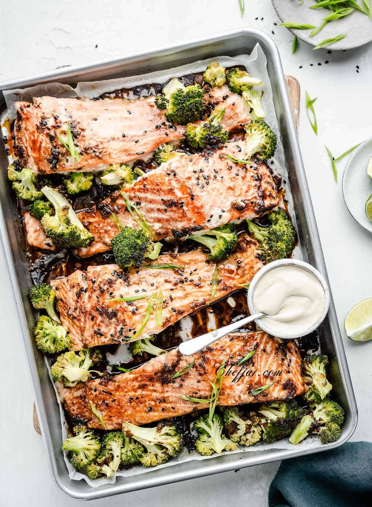 sheet pan salmon and broccoli dinner