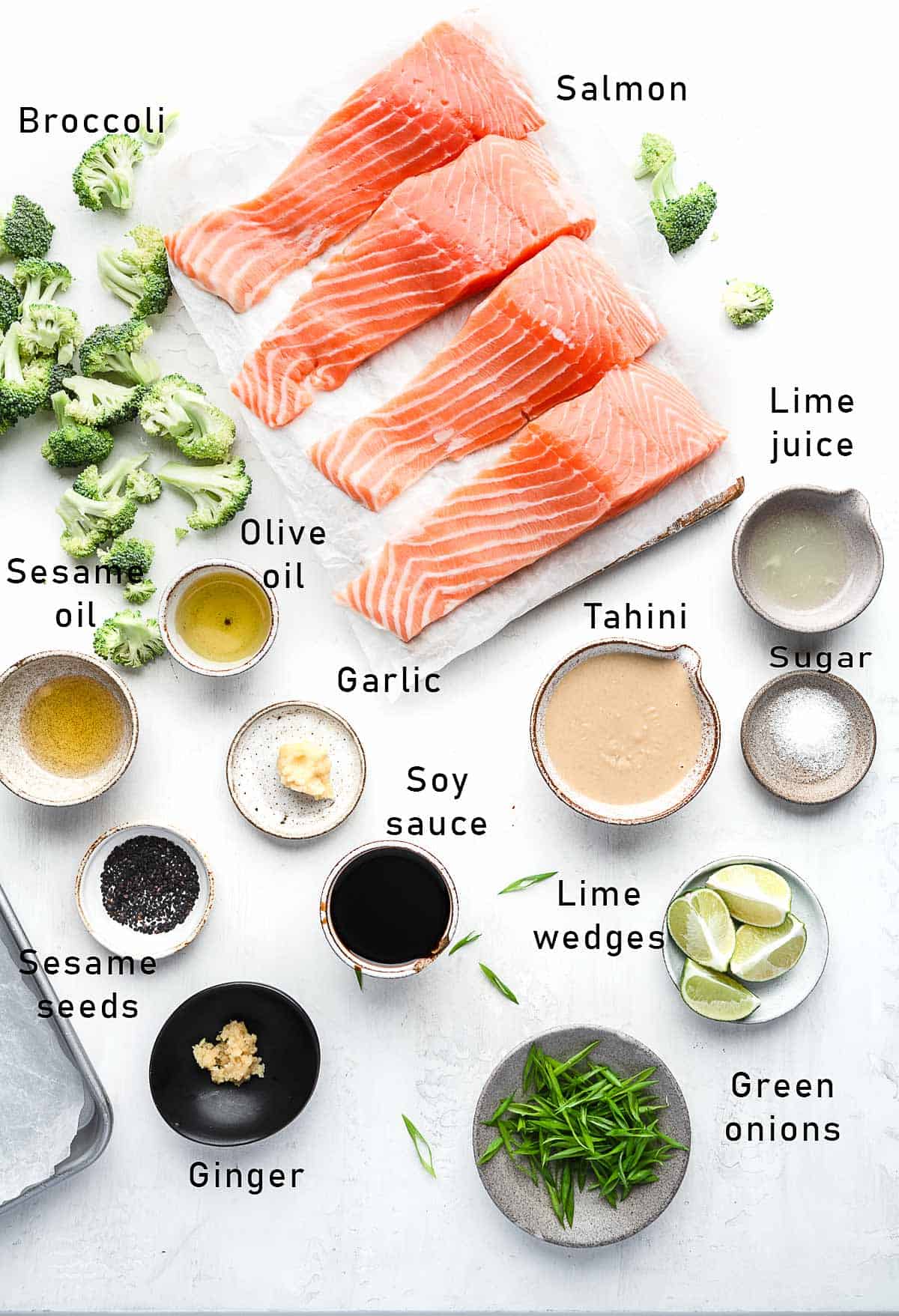 ingredients for sheet pan salmon and broccoli