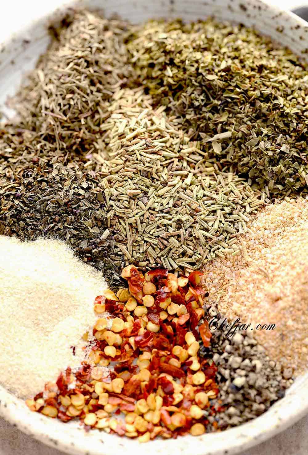 A square image of seasoning blend of spices for spaghetti.
