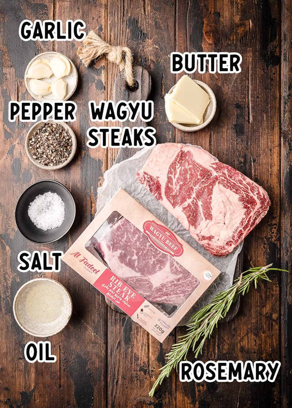 Ingredients for pan seared wagyu ribeye steaks
