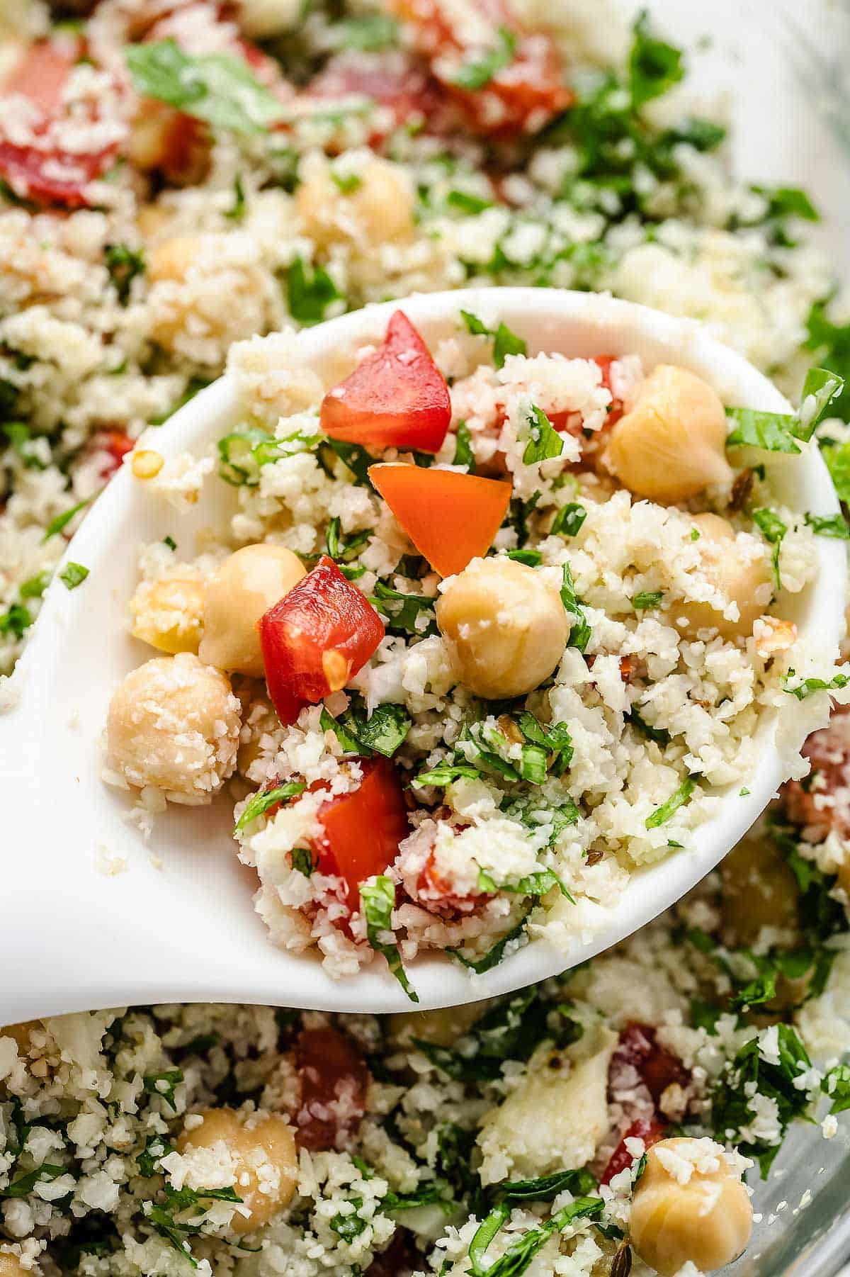 A close-up image of Cauliflower Tabbouleh Salad 