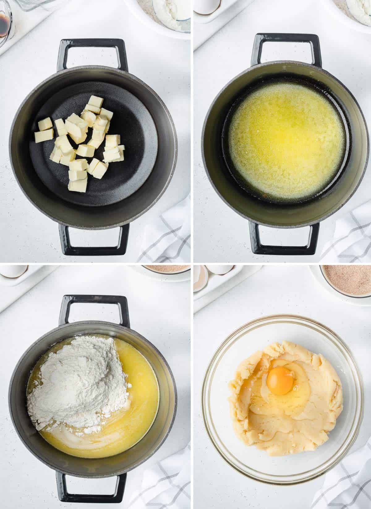 A collage shows how to make pastry  dough for  air fryer churros
