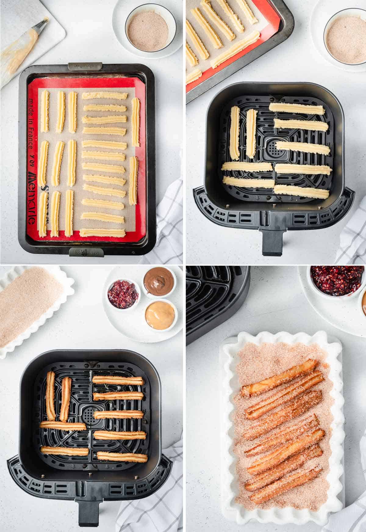 A collage shows how to pipe and cook churros in air fryer.