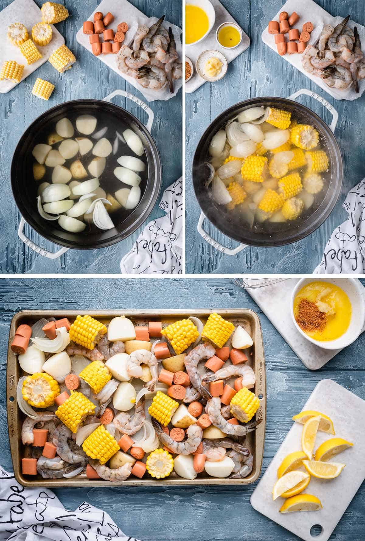 Collage image of steps showing how to make shrimp boil in a pot, then baking  on a large sheet / Shrimp Boil