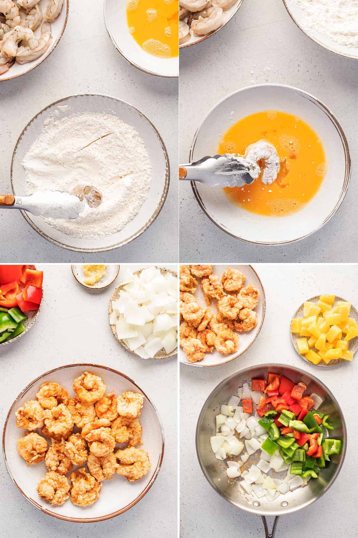 A collage shows how to batter prawns.