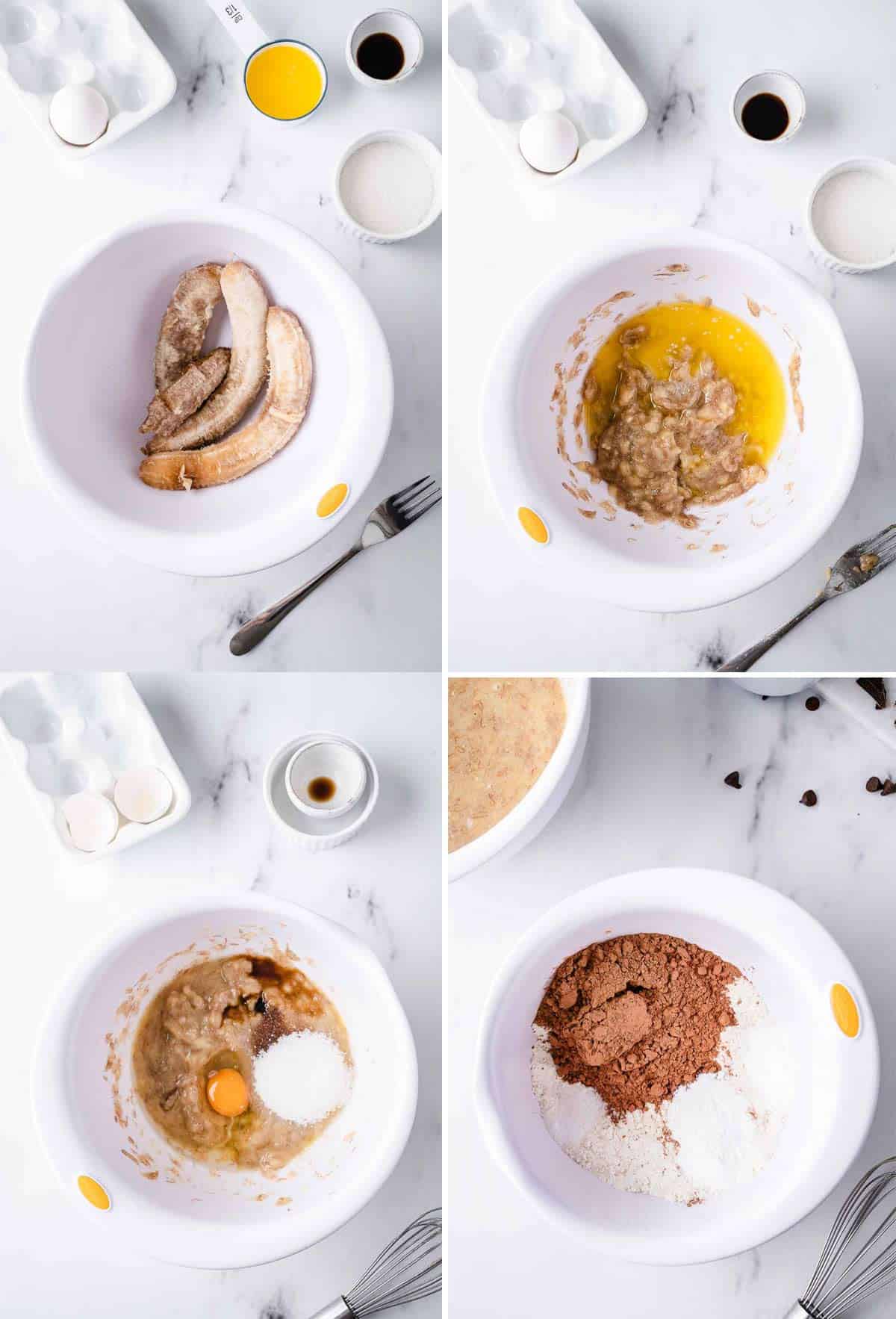 A collage shows how to make chocolate banana bread.