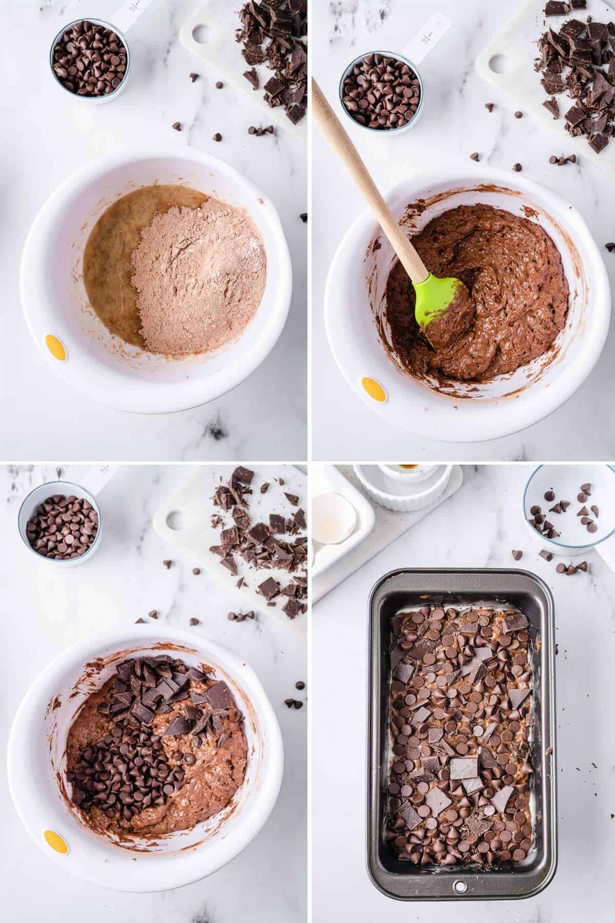 A collage shows step by step instructions how to make triple chocolate banana bread.