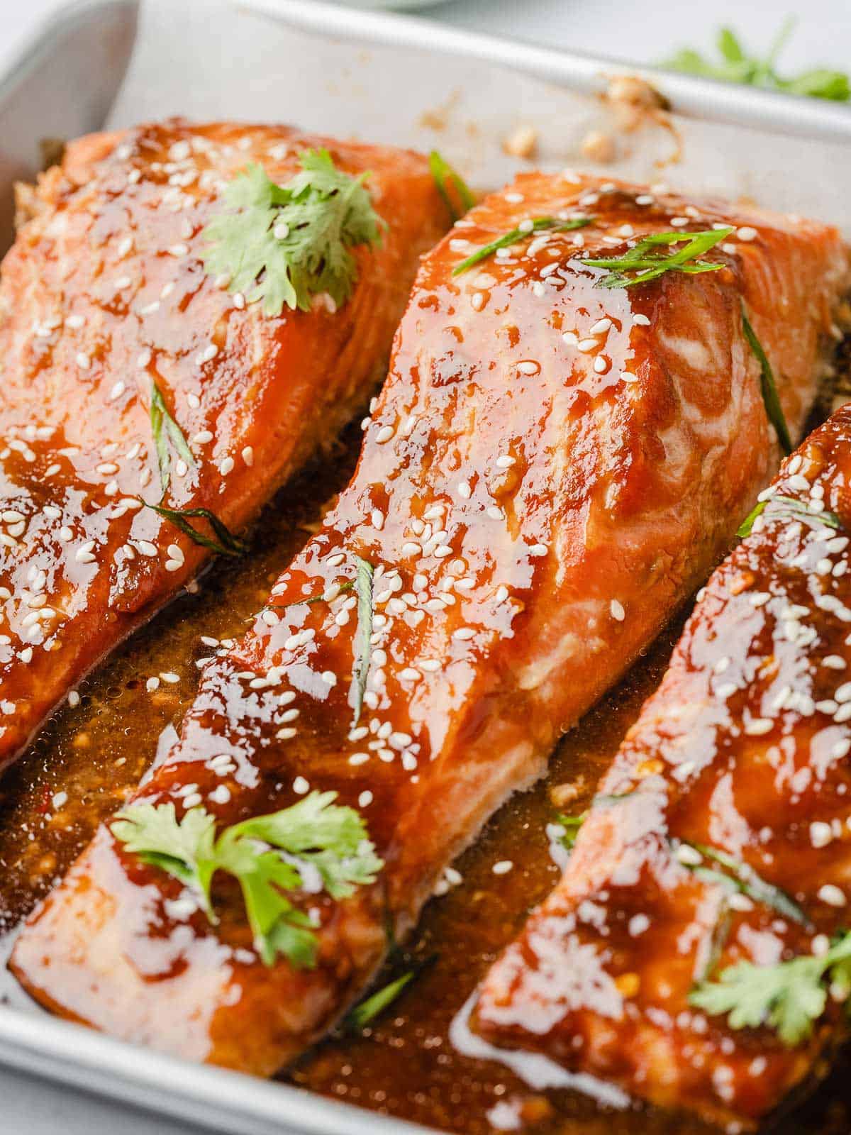 side shot of baked miso salmon filets 