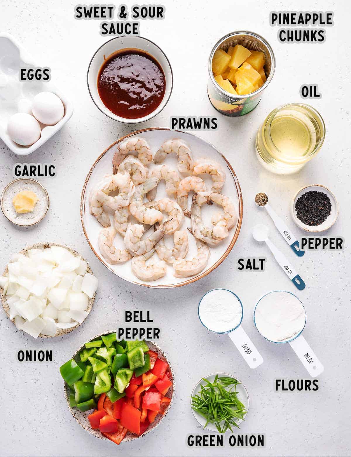 Ingredients for sweet and sour prawns.