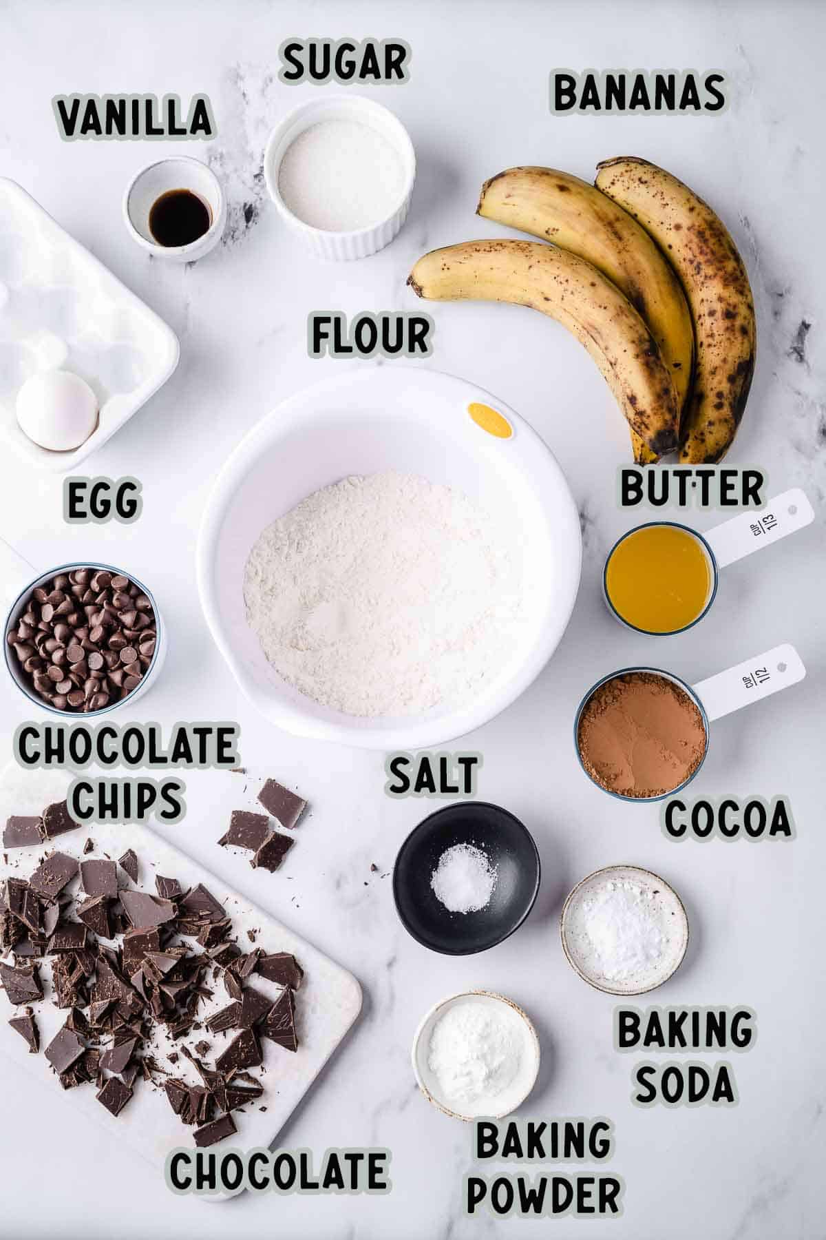 Ingredients for triple chocolate banana bread