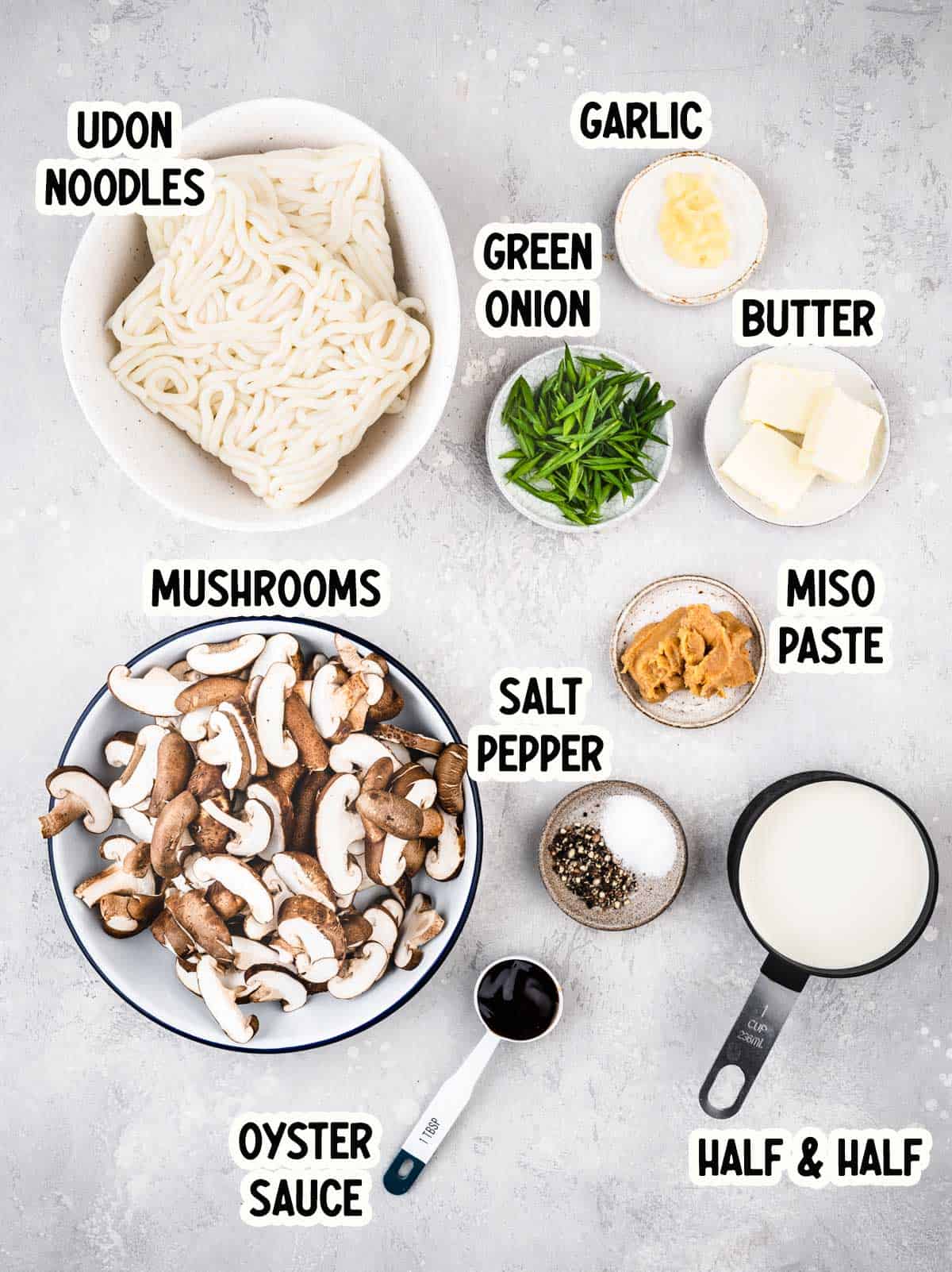 ingredients for creamy mushroom udon