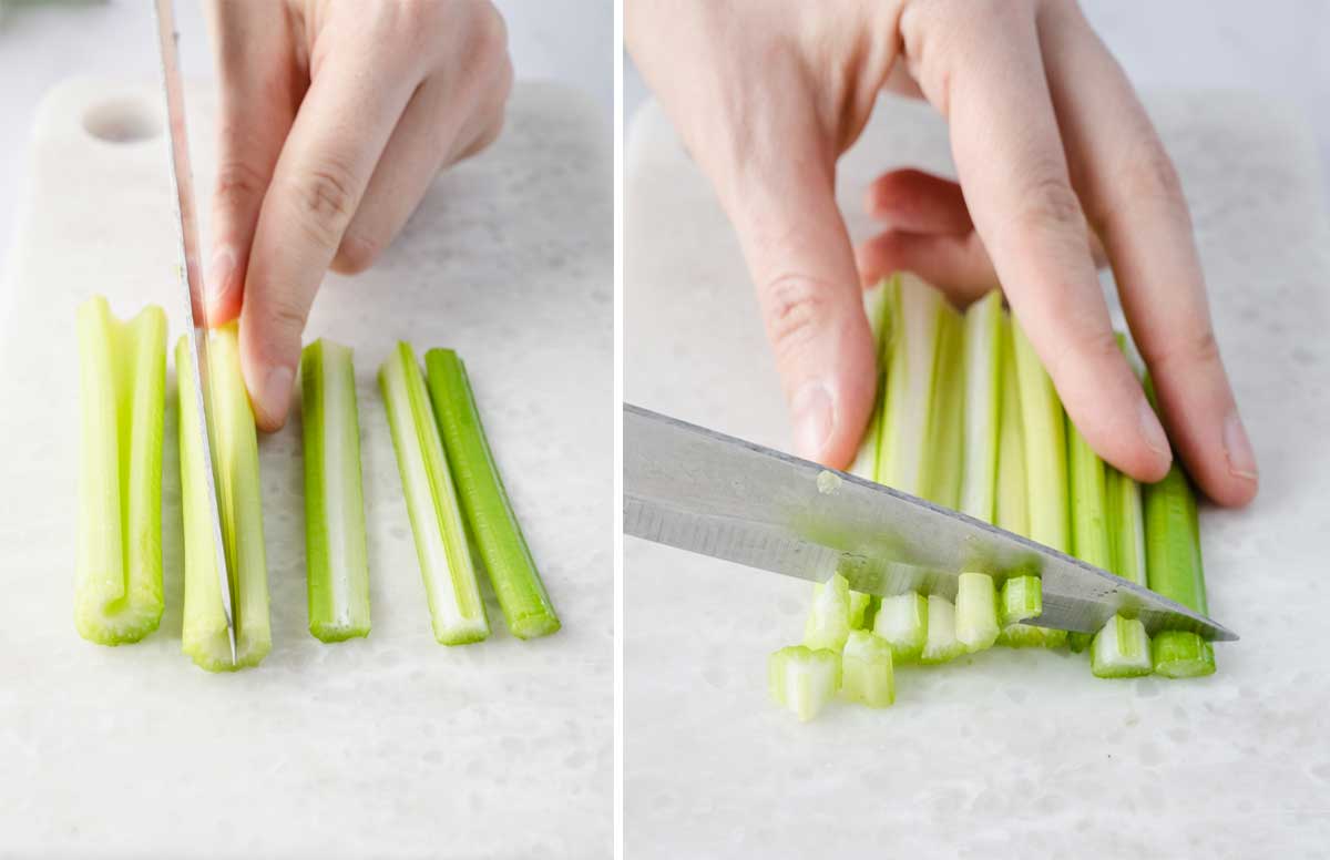 2 image collage showing a knife slicing a stalk of celery lengthwise and then chopping into small pieces on a white cutting board