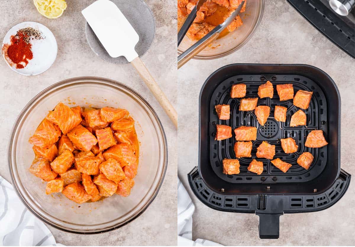 A collage shows how to make salmon bites in air fryer.