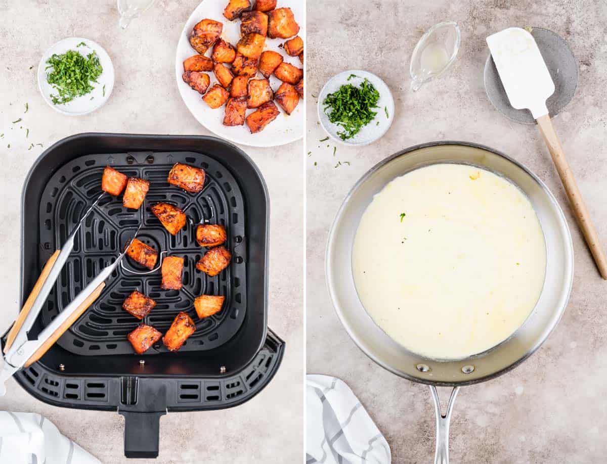 A collage shows how to make air fryer salmon bites with garlic cream sauce