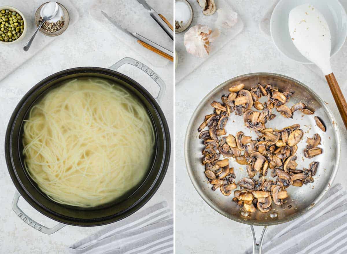 A collage shows how to cook spaghetti and sauté mushrooms for chicken tetrazzini