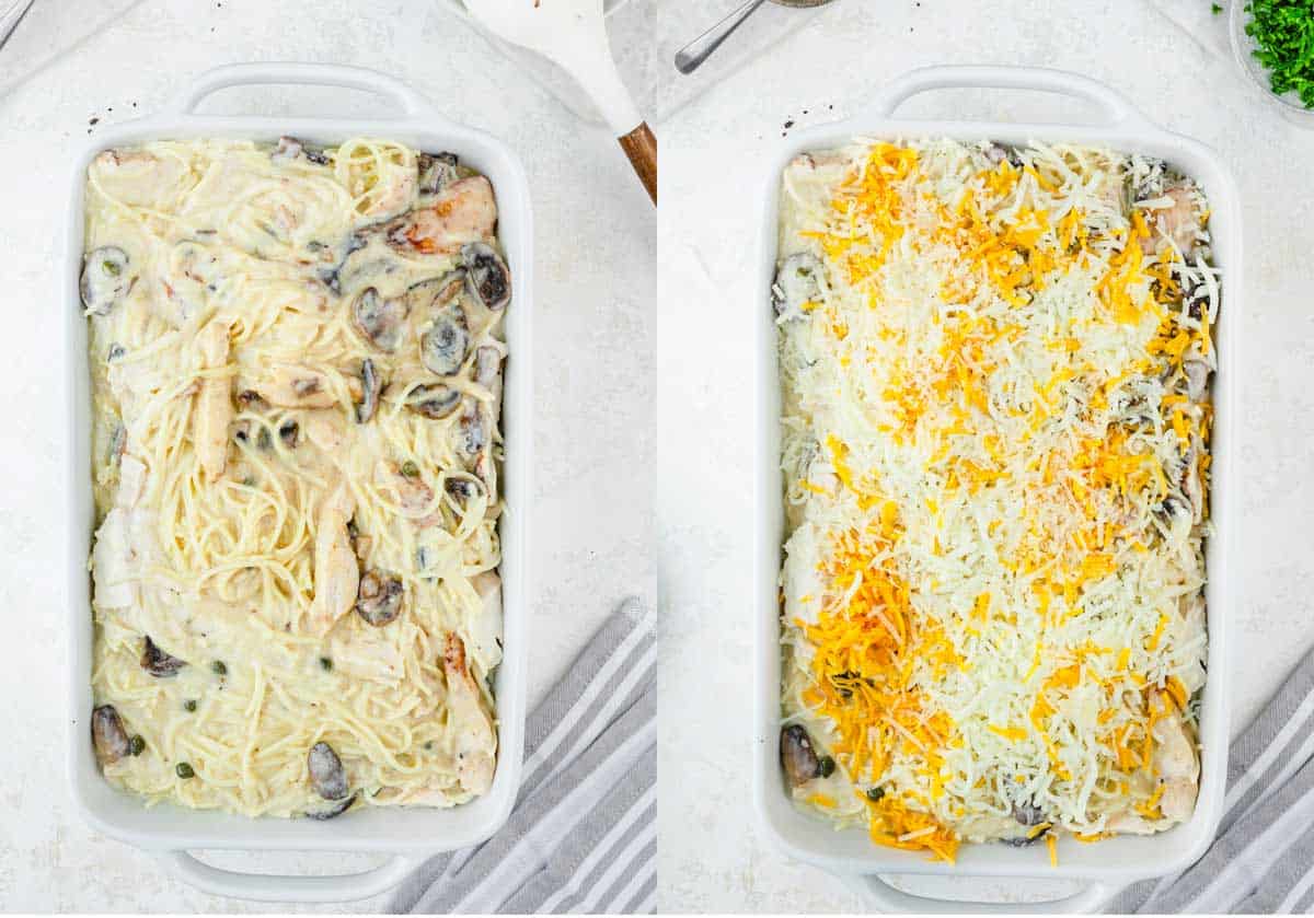 a collage shows how to assemble chicken tetrazzini in a white casserole dish