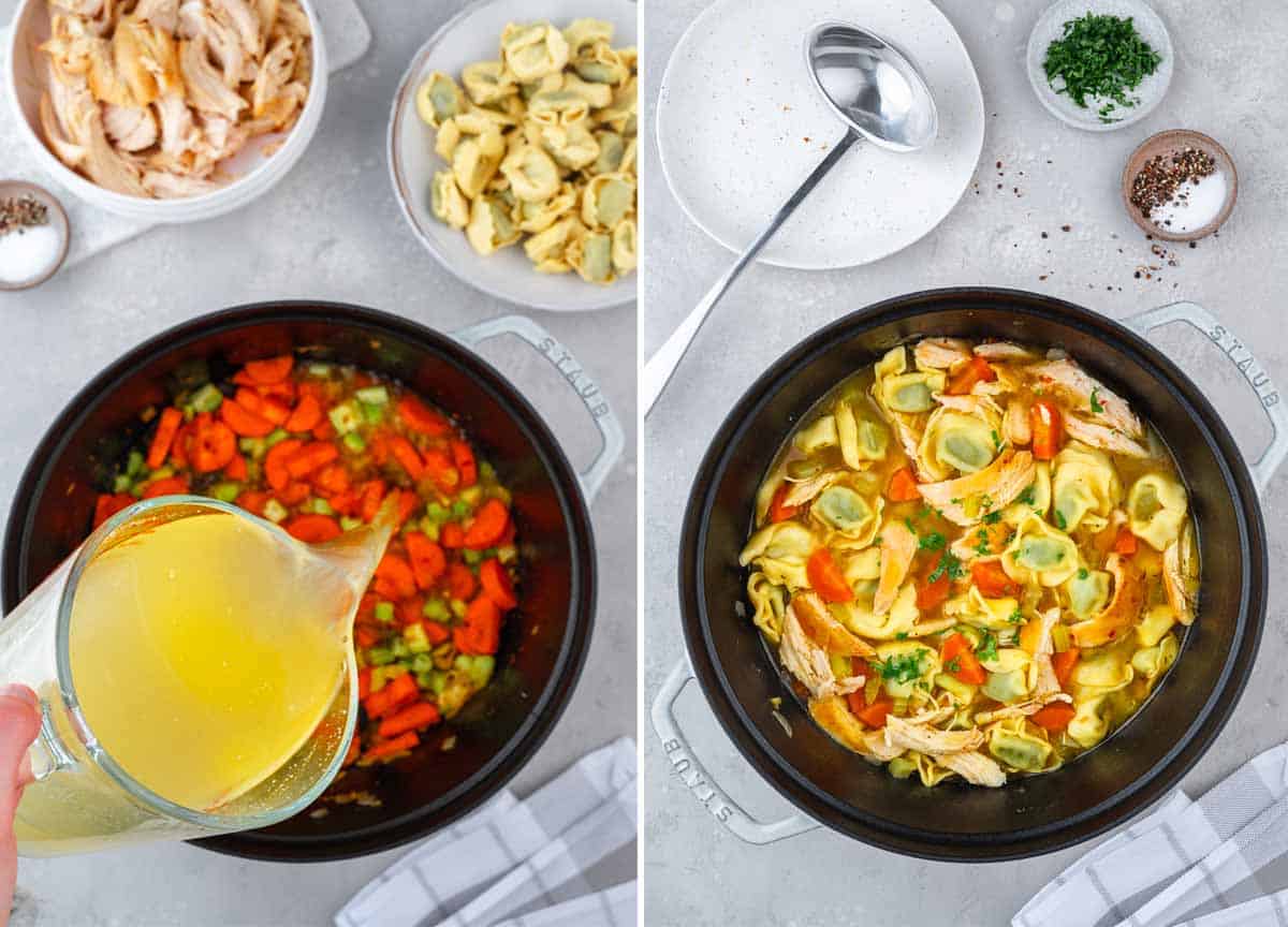 A collage shows how to make chicken tortellini soup.