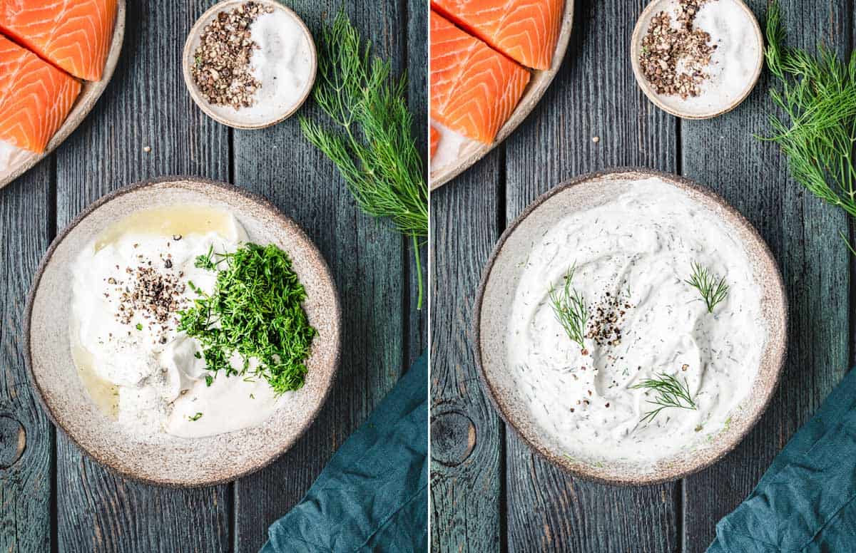 A collage shows how to make creamy dill sauce for salmon.