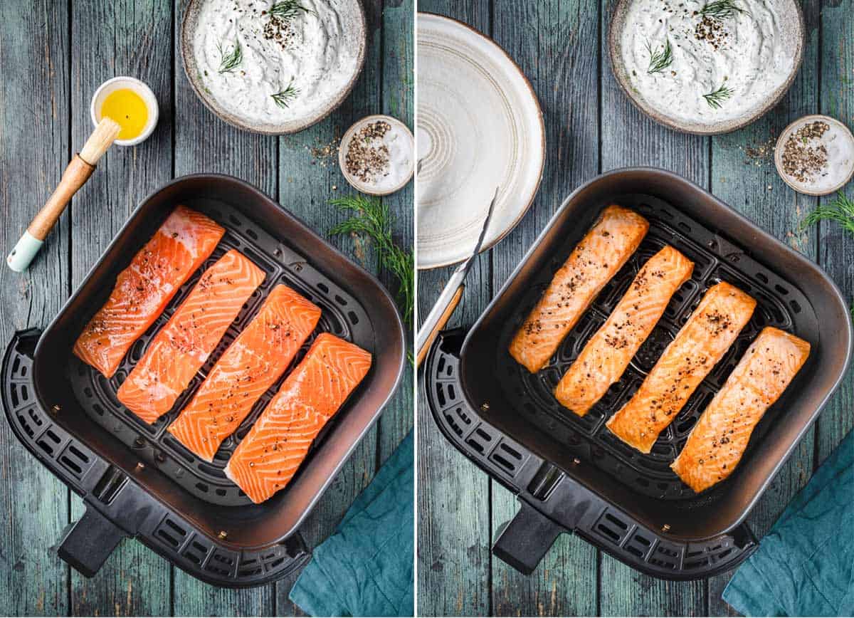 A collage shows how to air fry salmon fillet.