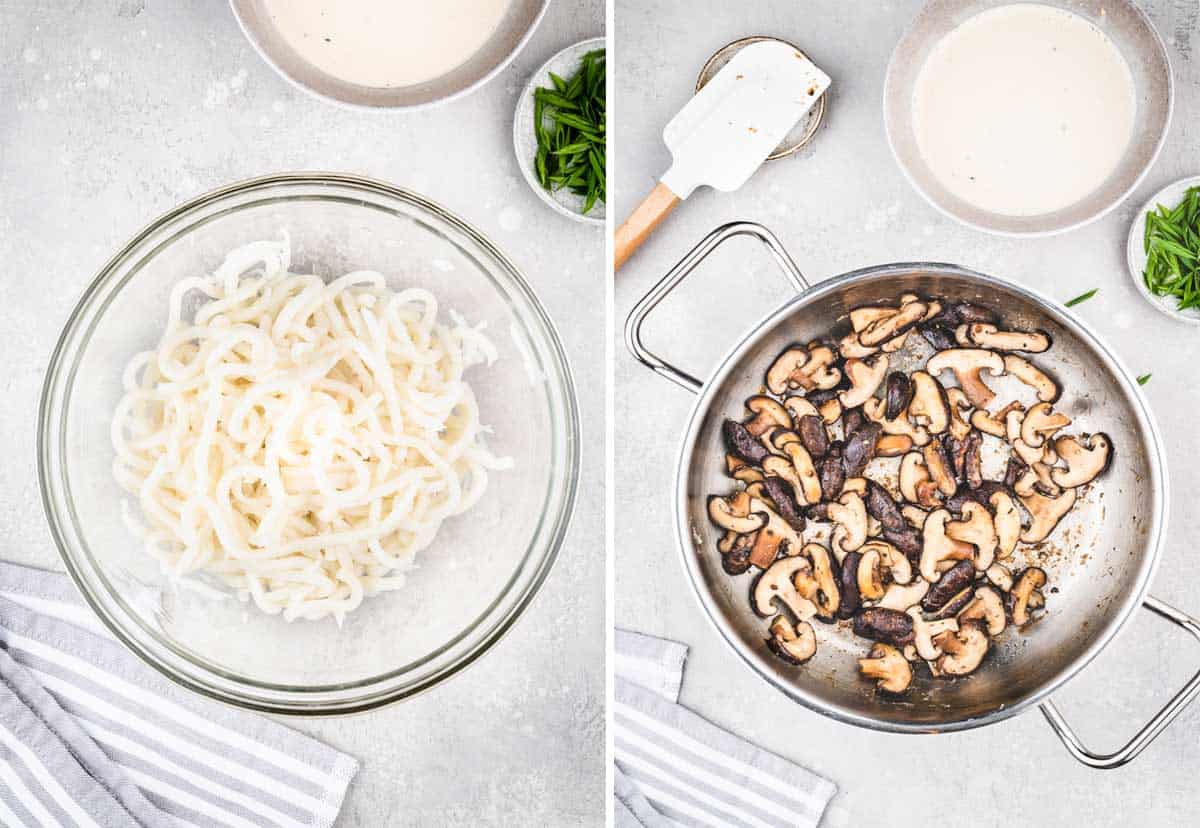 A collage shows how to cook udon noodles and stir fry veggies